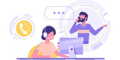 Woman with headset is sitting at her computer and  talking with client. Clients assistance, call center, hotline operator, consultant manager, technical support and customer care. Vector illustration.